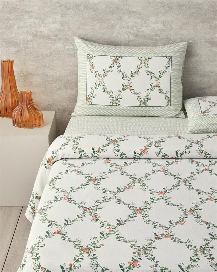 Set complet patura subtire King Size, Floral Slice, bumbac, 240x220 cm/260x280 cm/50x70 cm, verde