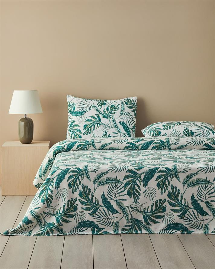Set complet patura subtire pentru doua persoane, Tropical Breeze, bumbac, 200x220 cm/240x255 cm/50x70 cm, verde