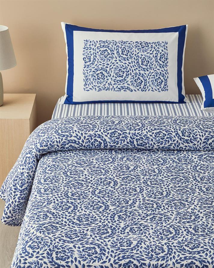 Set complet patura subtire pentru doua persoane, Folk Harmony, bumbac, 200x220 cm/240x255 cm/50x70 cm, albastru