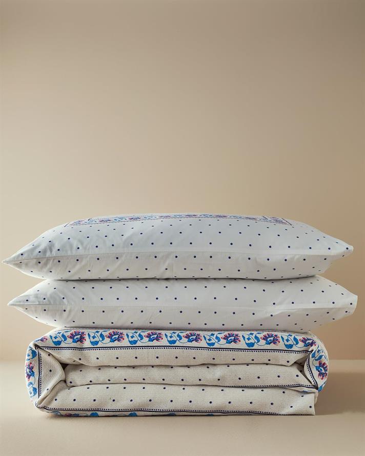 Set complet patura subtire pentru doua persoane, Folk Stripes, bumbac, 200x220 cm/240x255 cm/50x70 cm, bleu-roz