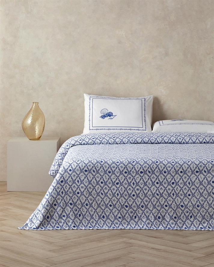 Set complet patura subtire pentru doua persoane, Sandy Seashore, bumbac, 200x220 cm/240x255 cm/50x70 cm, bleu