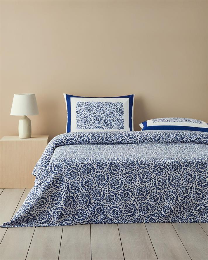 Set complet patura subtire pentru doua persoane, Folk Harmony, bumbac, 200x220 cm/240x255 cm/50x70 cm, albastru