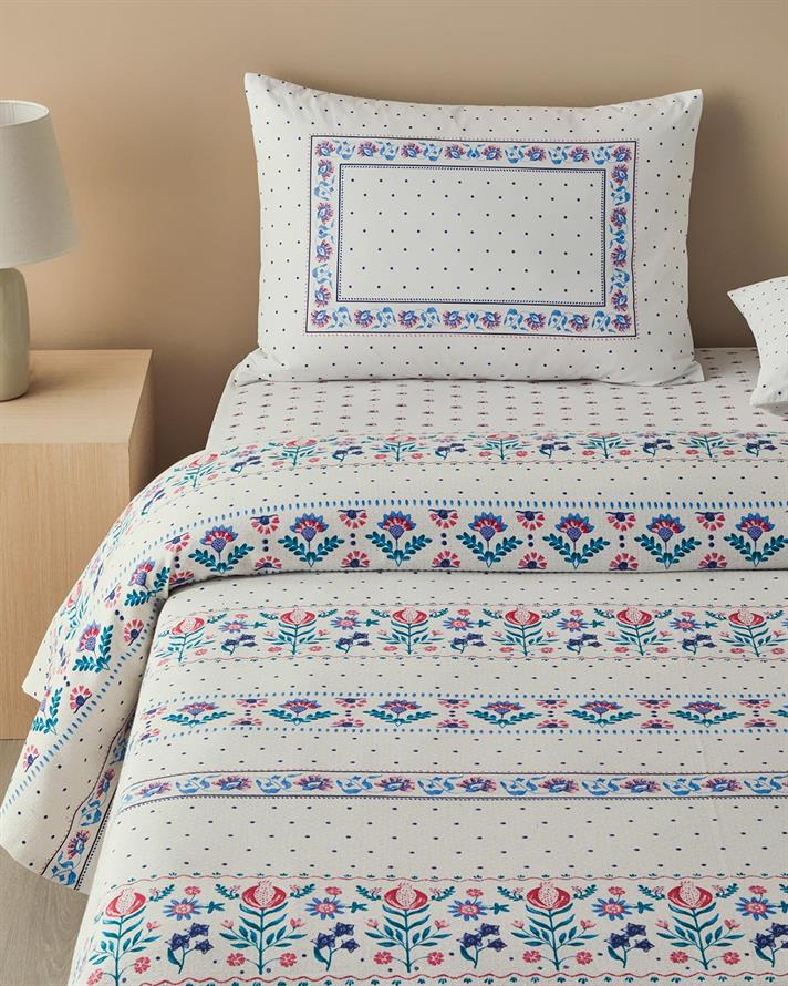 Set complet patura subtire pentru doua persoane, Folk Stripes, bumbac, 200x220 cm/240x255 cm/50x70 cm, bleu-roz