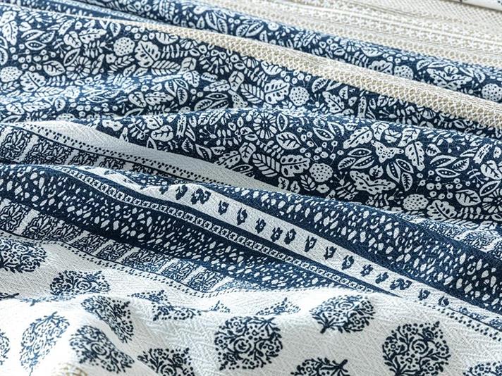 Set complet patura subtire pentru doua persoane, Ancient Lines, bumbac, 220x240 cm/240x260 cm/50x70 cm, indigo-bej