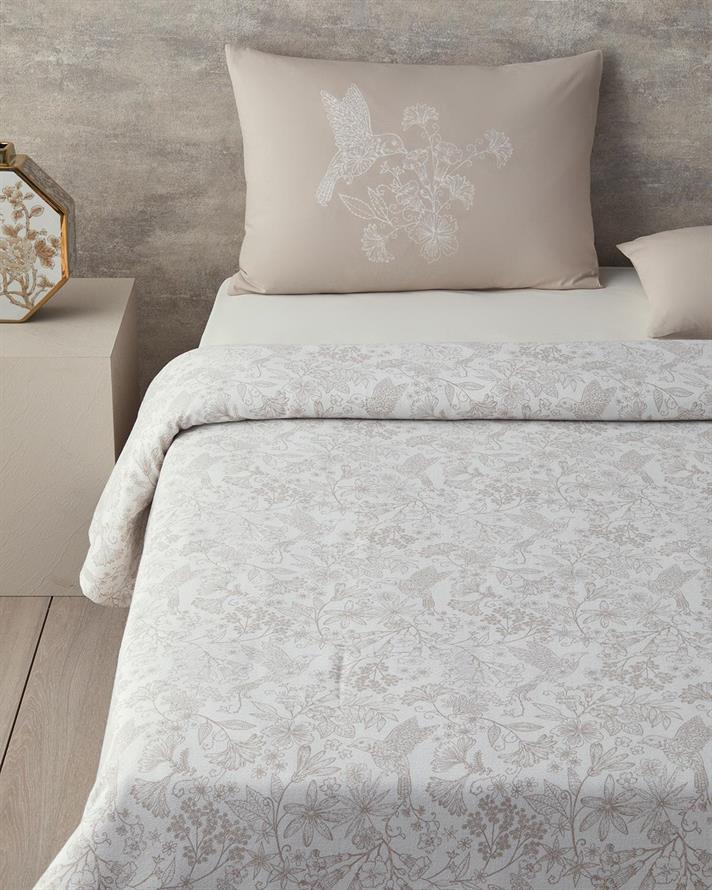 Set complet patura subtire pentru doua persoane, Bird Whisper, bumbac, 200x220 cm/240x260 cm/50x70 cm, bej