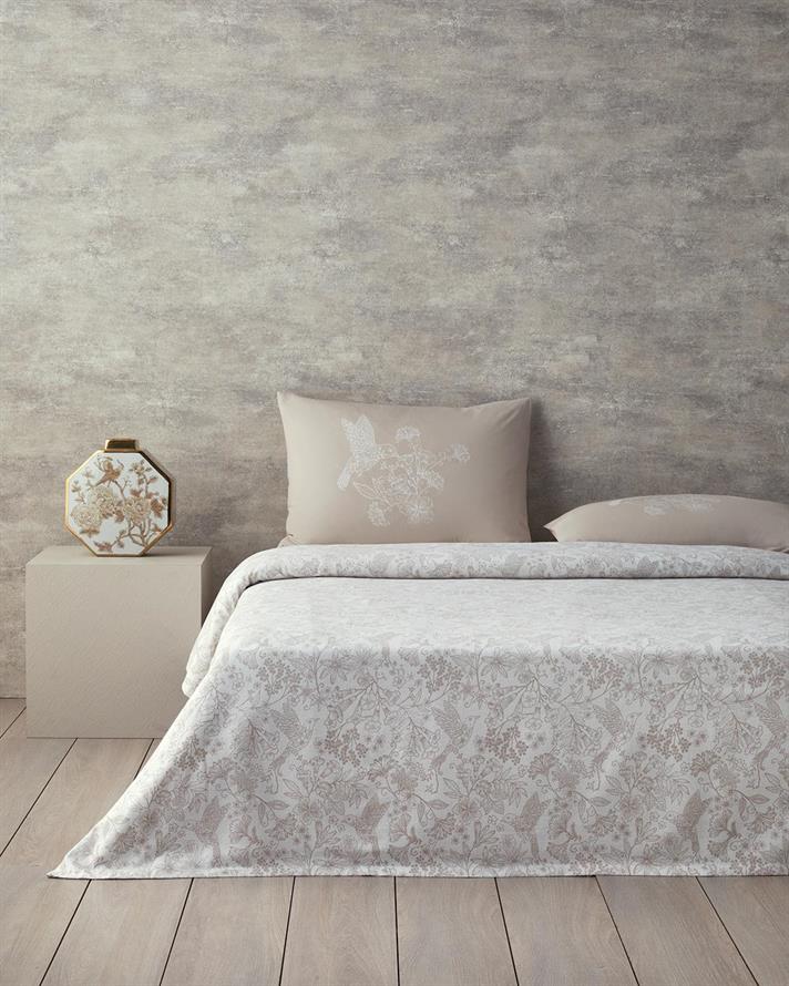 Set complet patura subtire pentru doua persoane, Bird Whisper, bumbac, 200x220 cm/240x260 cm/50x70 cm, bej