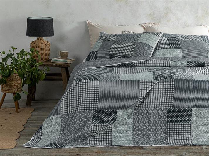 Set cuvertură pat cu două fețe de pernă, king size, Unique Patch, poliester, 240x220 cm/ 50x70 cm, gri