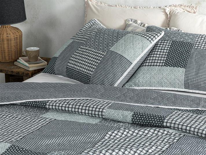 Set cuvertură pat cu două fețe de pernă, king size, Unique Patch, poliester, 240x220 cm/ 50x70 cm, gri