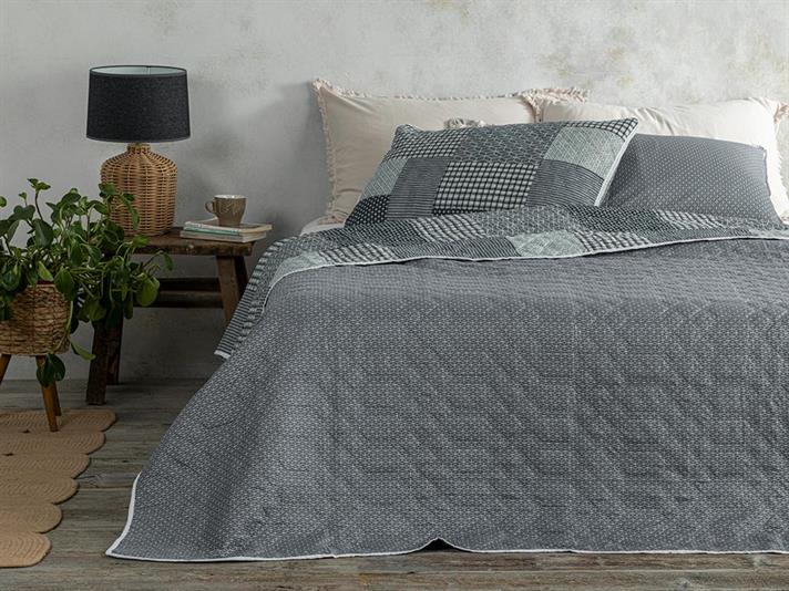 Set cuvertură pat cu două fețe de pernă, king size, Unique Patch, poliester, 240x220 cm/ 50x70 cm, gri