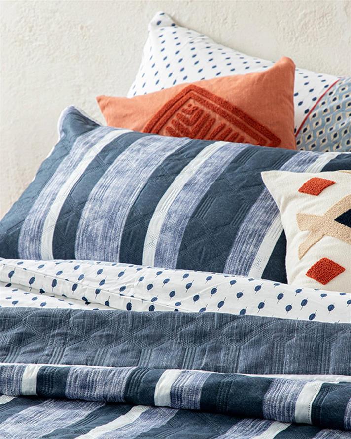 Set cuvertură pat cu față de pernă, pentru o persoană, Denim Stripe, poliester, 160x220 cm, bleumarin