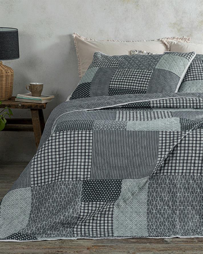 Set cuvertură pat cu față de pernă, pentru o persoană, Unique Patch, poliester, 160x220 cm, gri