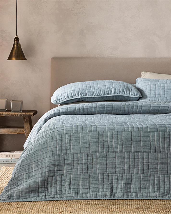 Set cuvertură pat cu față de pernă, pentru o persoană, Cosy Rectangles, bumbac-poliester, 160x240 cm, bleu