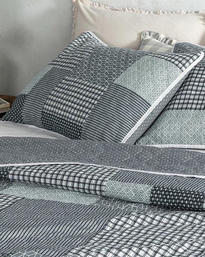 Set cuvertură pat cu față de pernă, pentru o persoană, Unique Patch, poliester, 160x220 cm, gri