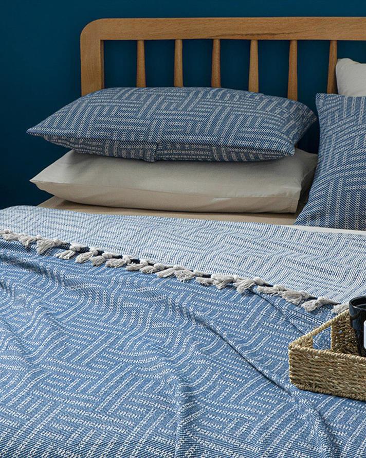 Set cuvertură pat cu fețe de pernă, King size, Check  Lines, bumbac-acril, 240x260 cm, bleumarin