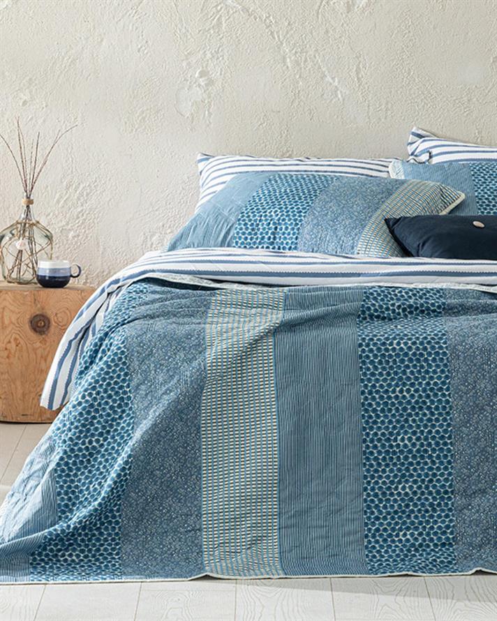 Set cuvertură pat cu fețe de pernă, King size, Patchy Stripe, poliester, 240x220 cm, bleu