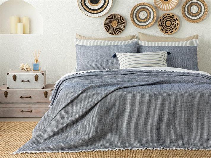 Set cuvertură pat cu fețe de pernă, King size, Dothy, bumbac-acril, 260x280 cm, bleumarin