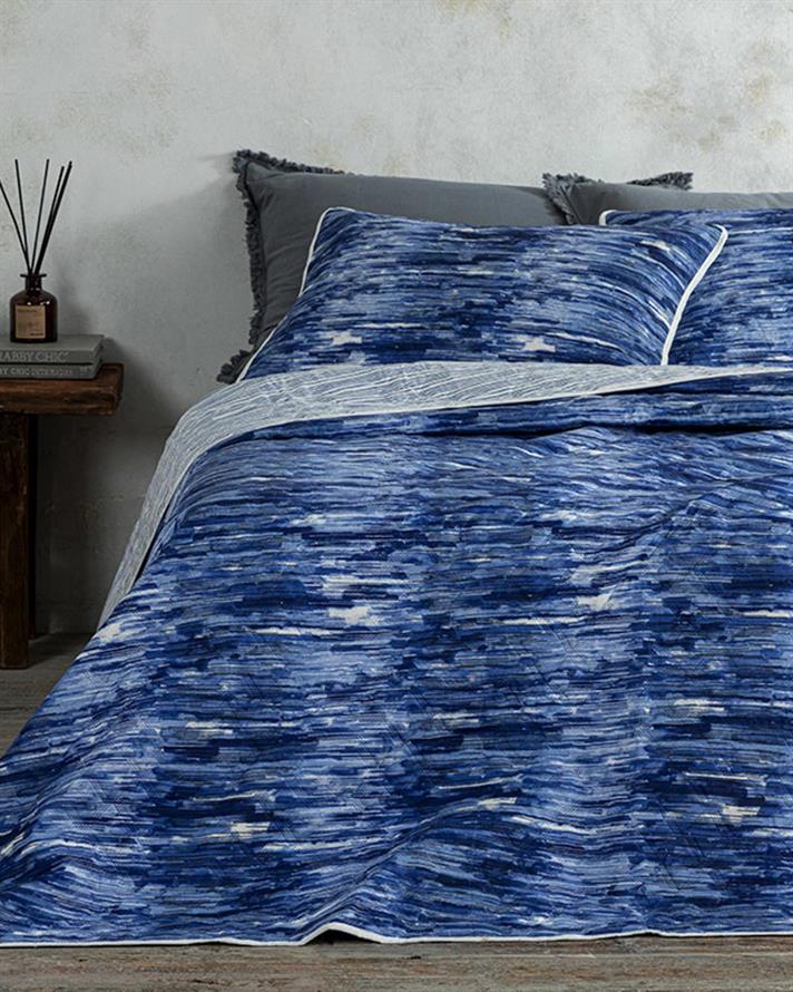 Set cuvertură pat cu fețe de pernă, King size, Aquarelle, poliester, 240x220 cm, bleumarin