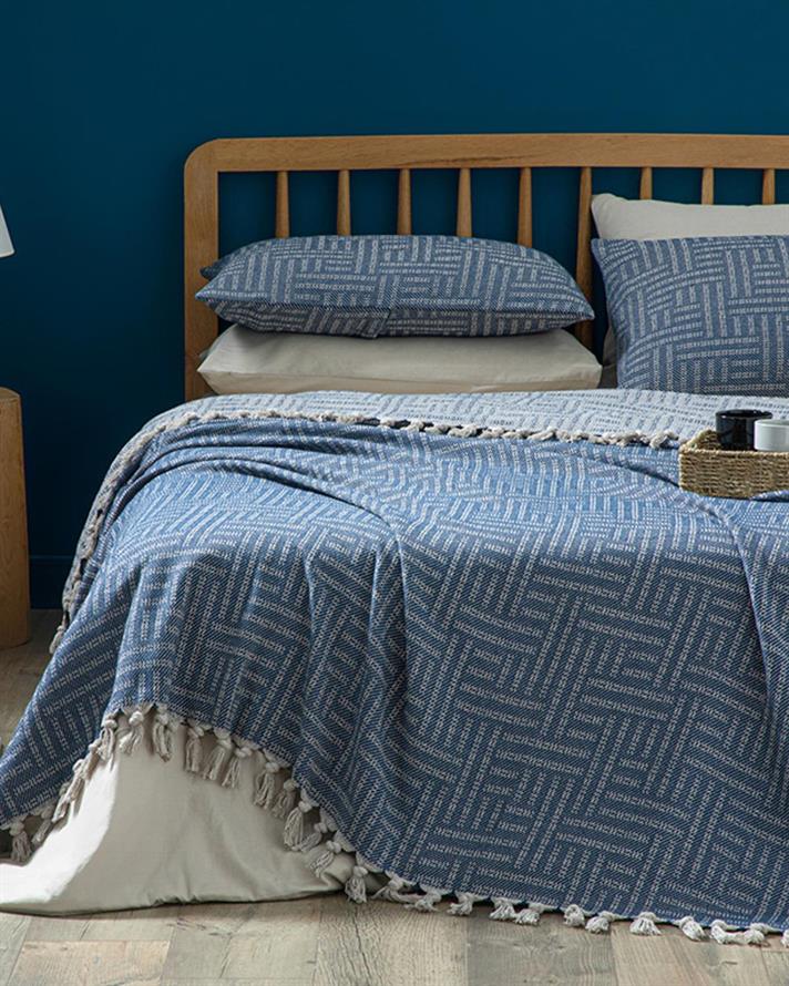 Set cuvertură pat cu fețe de pernă, King size, Check  Lines, bumbac-acril, 240x260 cm, bleumarin