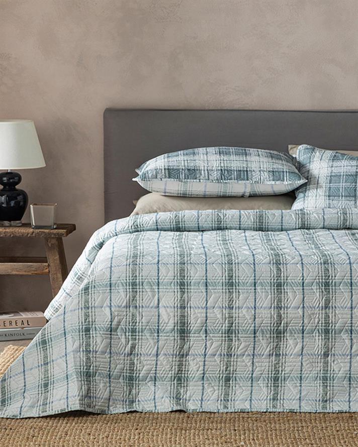 Set cuvertură pat cu fețe de pernă, pentru două persoane, Static Check, poliester, 200x220 cm, gri