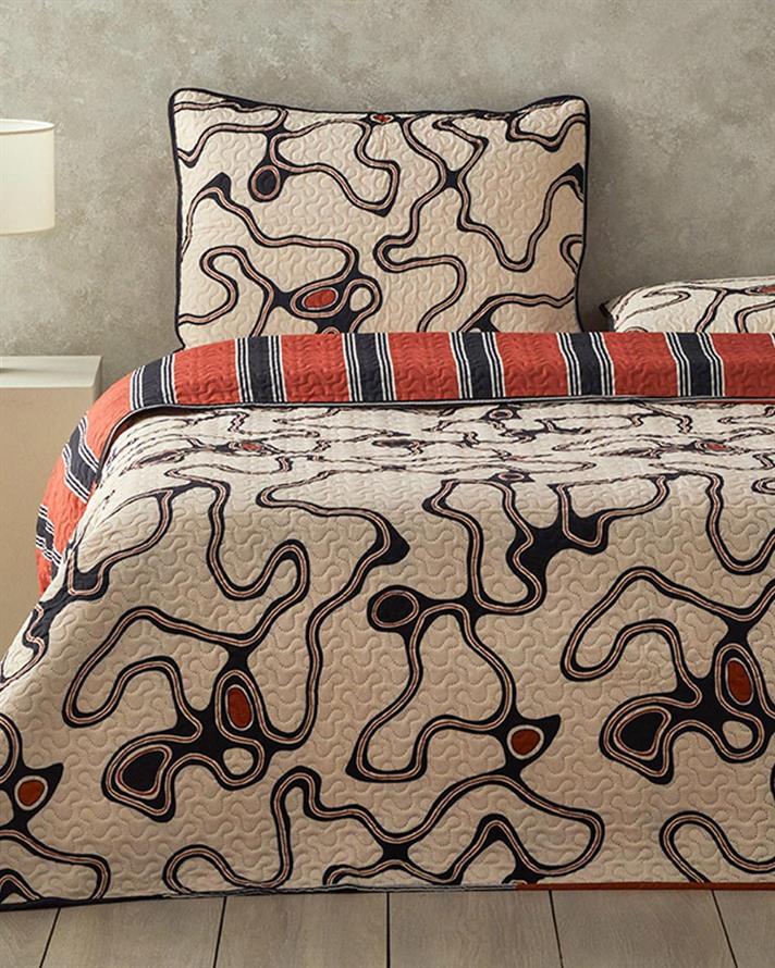 Set cuvertură pat cu fețe de pernă, pentru două persoane, Abstract Art, poliester, 200x220 cm, Bej