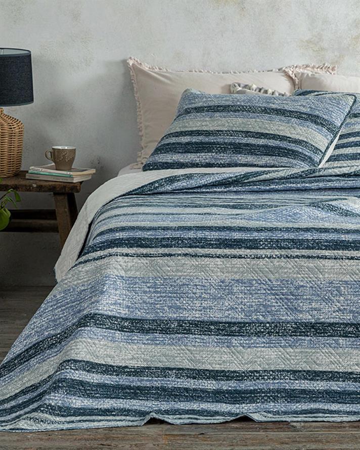 Set cuvertură pat cu fețe de pernă, pentru două persoane, River, poliester, 200x220 cm, bleu