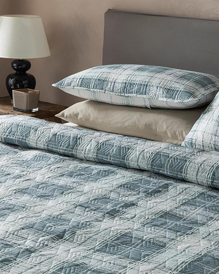 Set cuvertură pat cu fețe de pernă, pentru două persoane, Static Check, poliester, 200x220 cm, gri