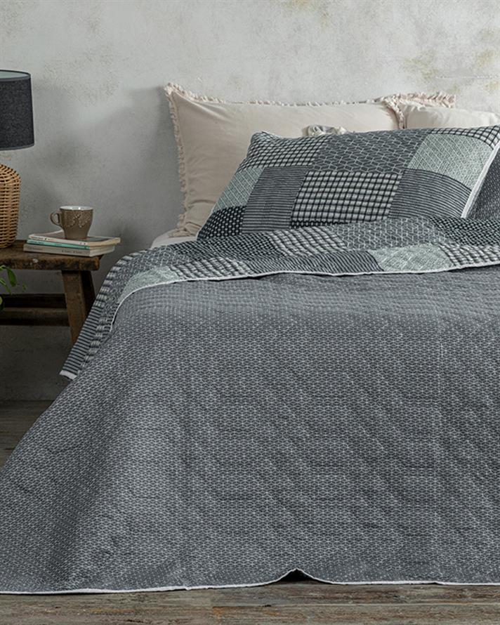 Set cuvertură pat cu fețe de pernă, pentru două persoane, Unique Patch, poliester, 200x220 cm, gri