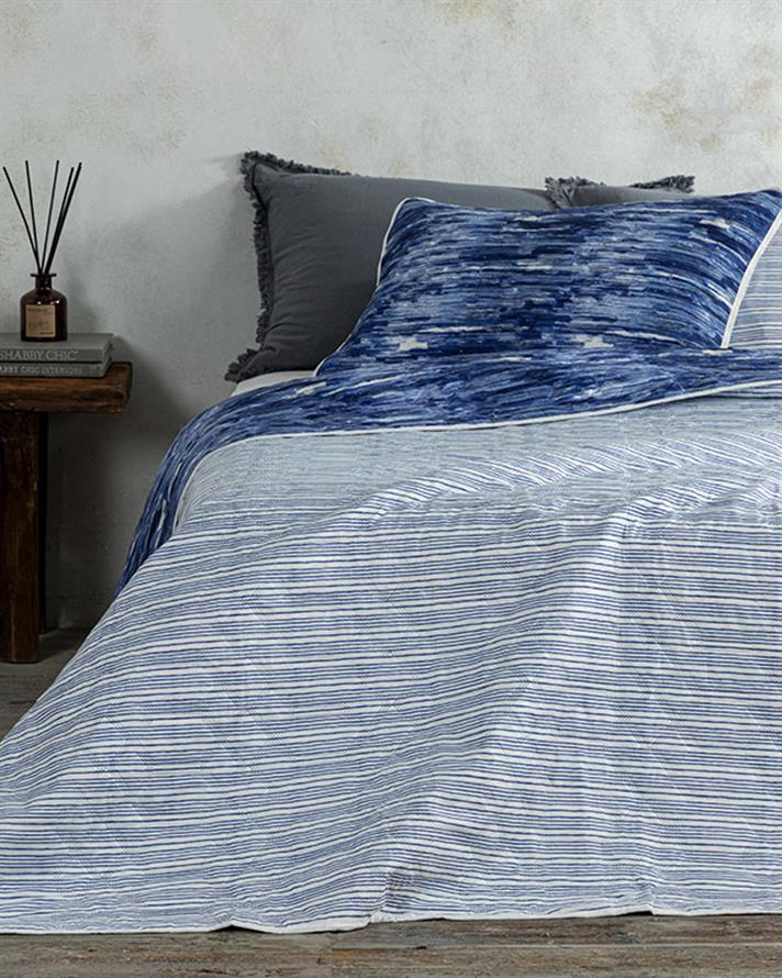 Set cuvertură pat cu fețe de pernă, pentru două persoane, Aquarelle, poliester, 200x220 cm, bleumarin