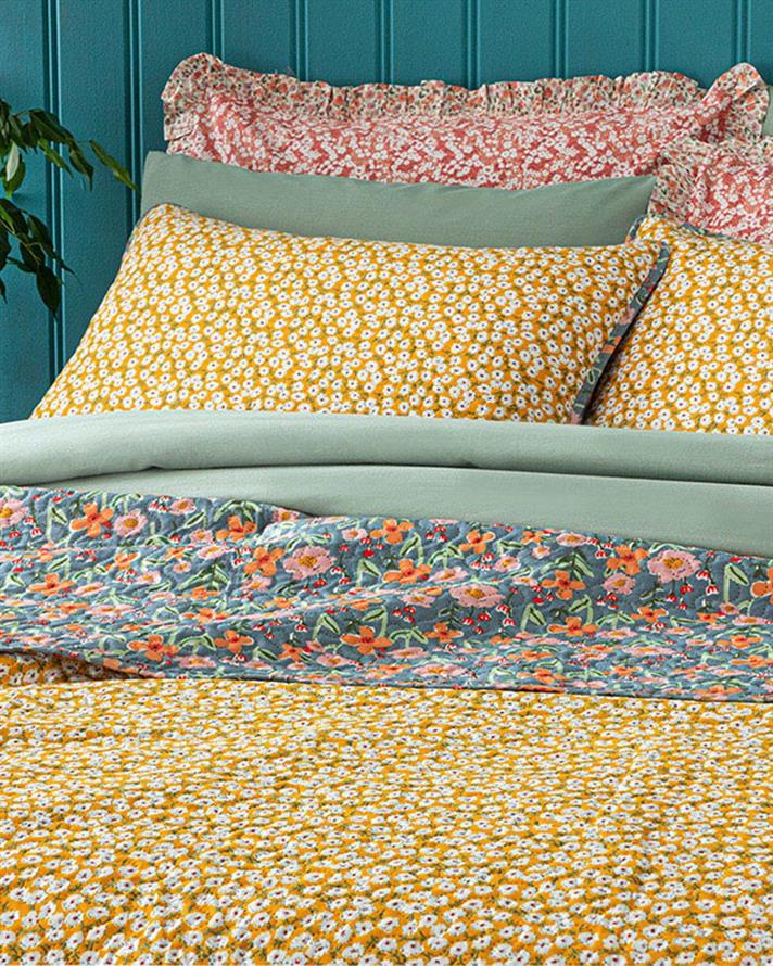 Set cuvertura pat cu fata de perna reversibila pentru o persoana, Floral Summer, poliester, 160x220 cm/50x70 cm, galben