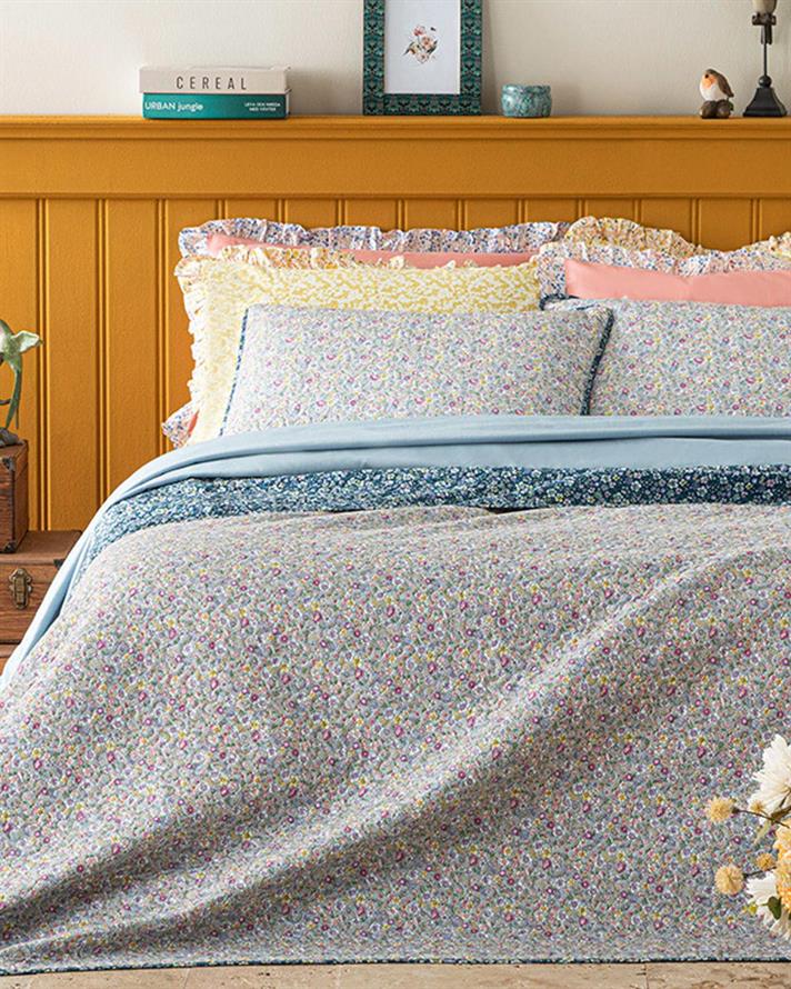 Set cuvertura pat cu fata de perna reversibila pentru o persoana, Floral Heaven, poliester, 160x220 cm/50x70 cm, verde