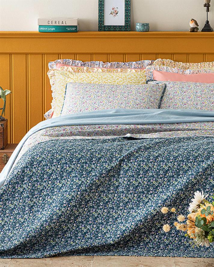 Set cuvertura pat cu fata de perna reversibila pentru o persoana, Floral Heaven, poliester, 160x220 cm/50x70 cm, verde