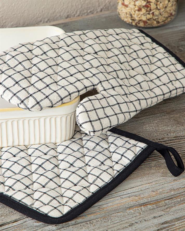 Set de bucătărie, mănusă și suport textil termorezistente, Maro, bumbac, 20x20+17x30 cm, negru