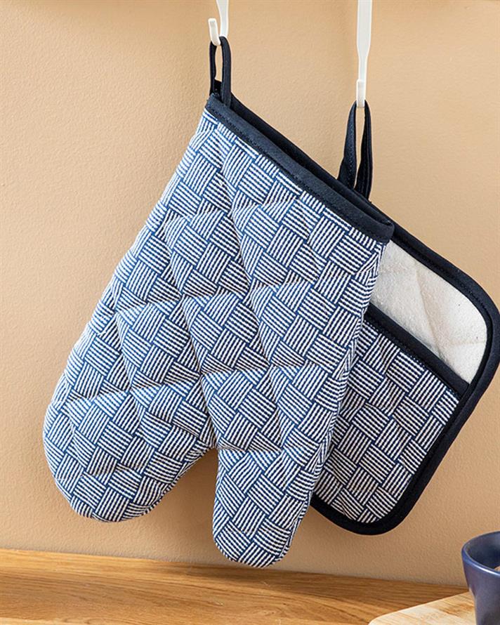 Set de bucătărie, mănusă și suport textil termorezistente, Line, bumbac, 20x15 - 19x25 cm, bleumarin