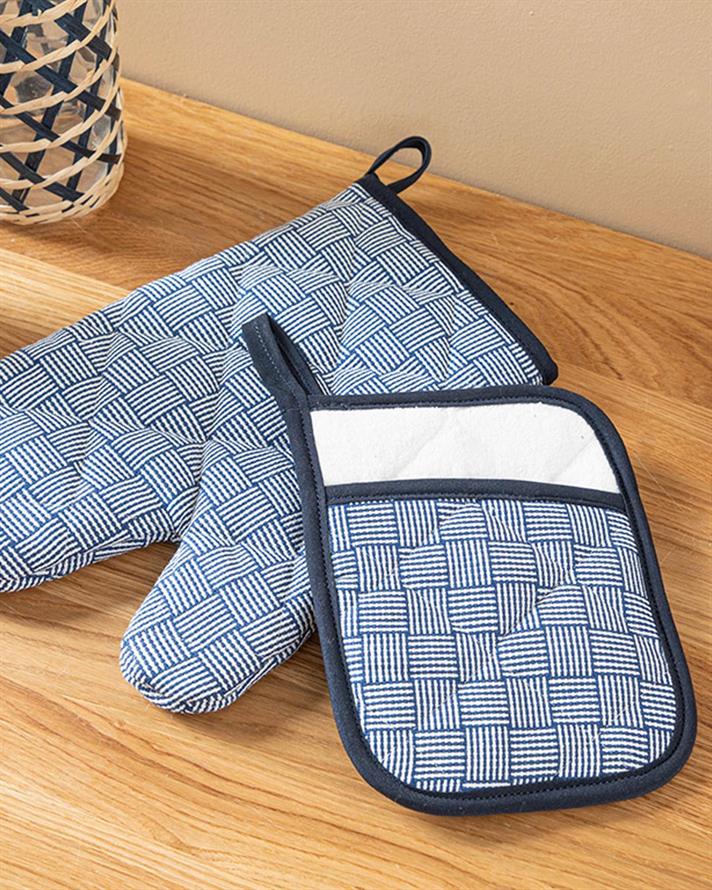 Set de bucătărie, mănusă și suport textil termorezistente, Line, bumbac, 20x15 - 19x25 cm, bleumarin
