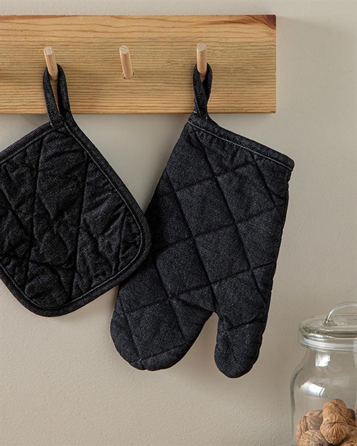 Set de bucătărie, mănusă și suport textil termorezistente, Alas, bumbac, 18x28 cm+18x18 cm, negru