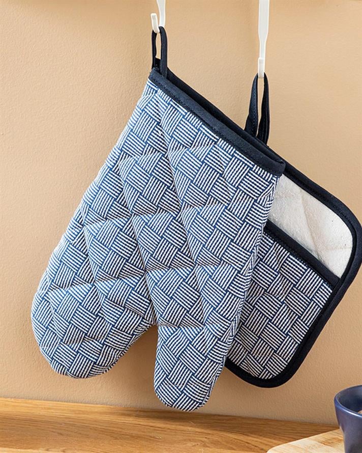 Set de bucătărie, mănusă și suport textil termorezistente, Line, bumbac, 20x15 - 19x25 cm, bleumarin