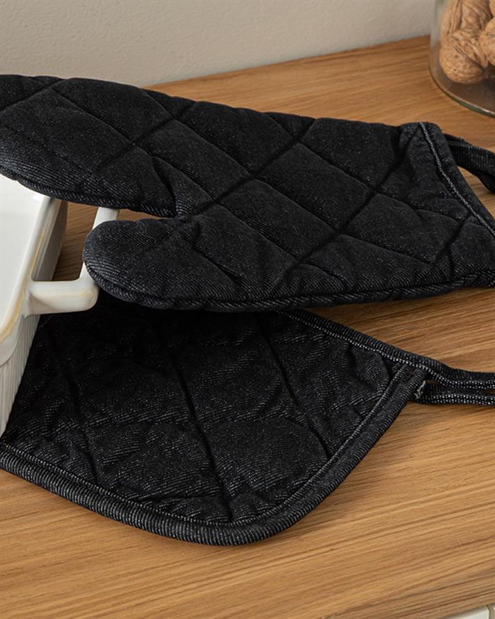 Set de bucătărie, mănusă și suport textil termorezistente, Alas, bumbac, 18x28 cm+18x18 cm, negru