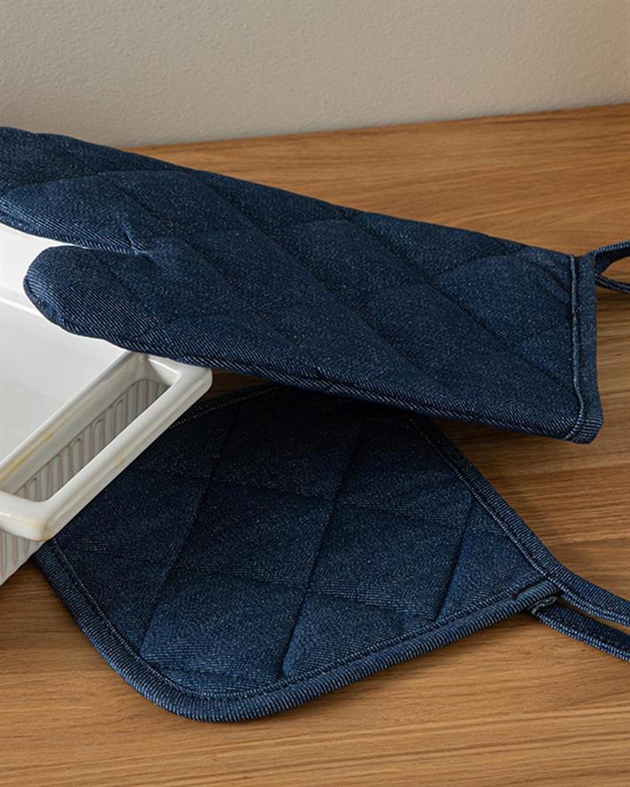 Set de bucătărie, mănusă și suport textil termorezistente, Ancel, bumbac, 18x28 cm+18x18 cm, bleumarin