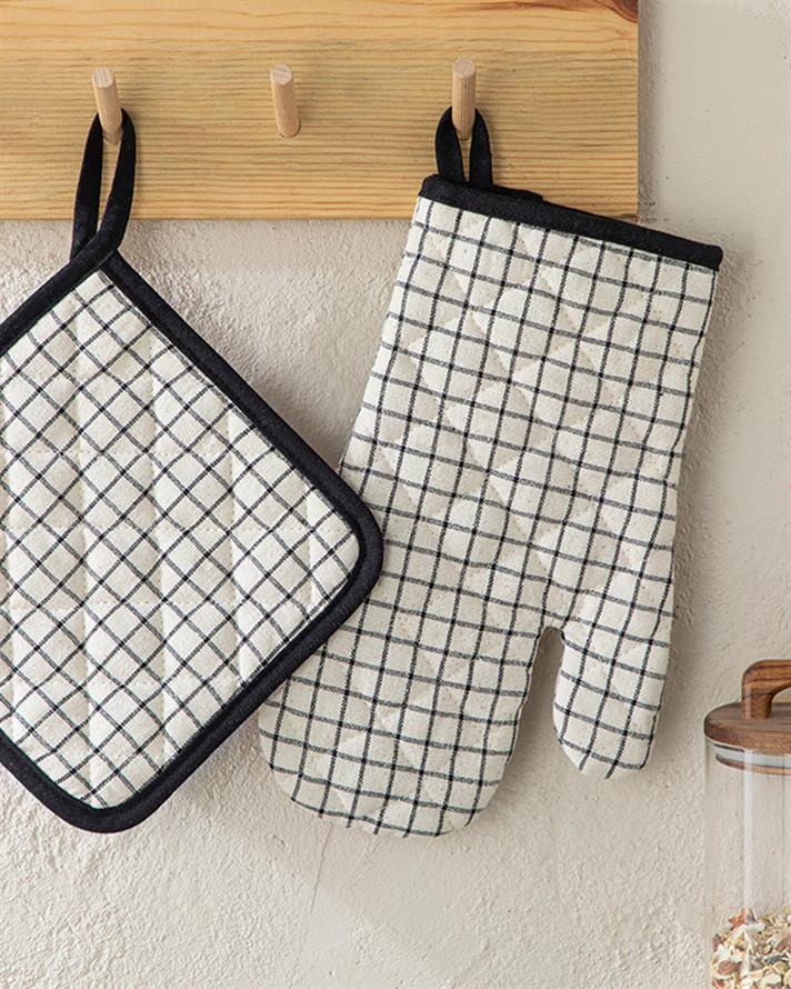 Set de bucătărie, mănusă și suport textil termorezistente, Maro, bumbac, 20x20+17x30 cm, negru