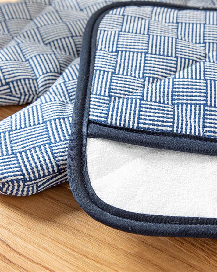 Set de bucătărie, mănusă și suport textil termorezistente, Line, bumbac, 20x15 - 19x25 cm, bleumarin