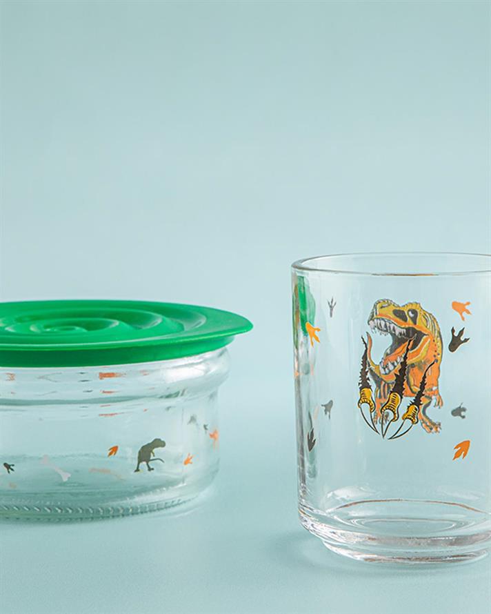 Set de masă pentru copii, Dinosaurs World, 240 ml-415 ml, sticlă, verde