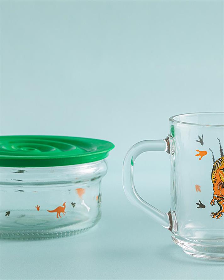 Set de masă pentru copii, Dinosaurs World, 240 ml-415 ml, sticlă, verde