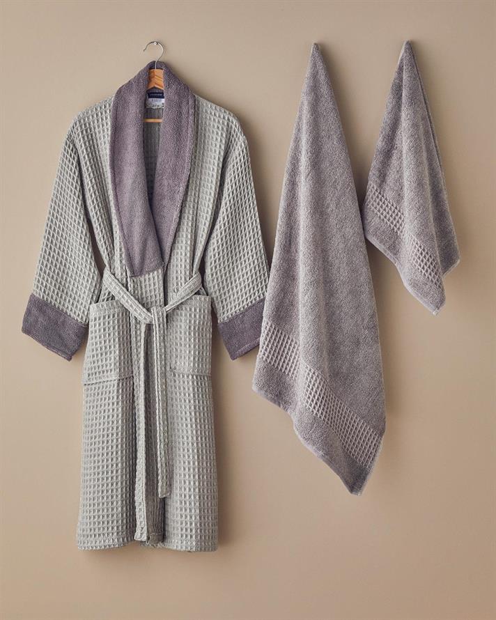 Set halat de baie cu 2 prosoape, Waffle, bumbac-poliester, S-M/50x70/70x140 cm, mov