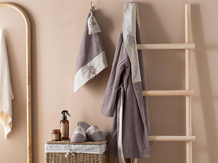 Set halat de baie cu prosop, papuci de casă și saculeț parfumat, Blade, bumbac, S-M/ 50x70 cm/ 36-40 măsura, lila