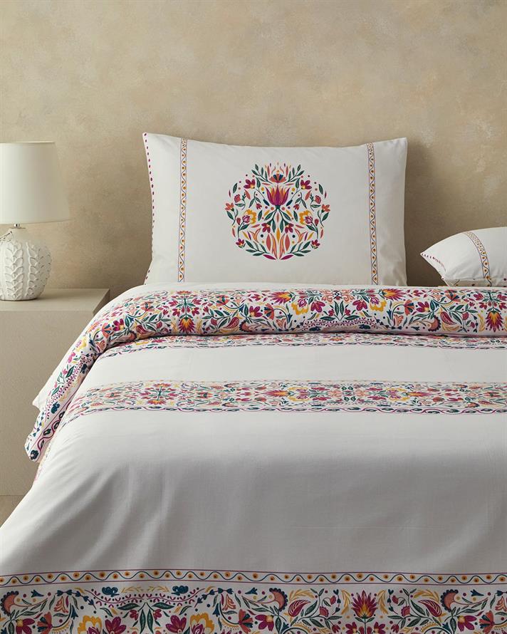 Set husa de pilota cu 2 fete de perna, pat dublu, Folk Blossom, bumbac, 200x220 cm/50x70 cm, fuchsia