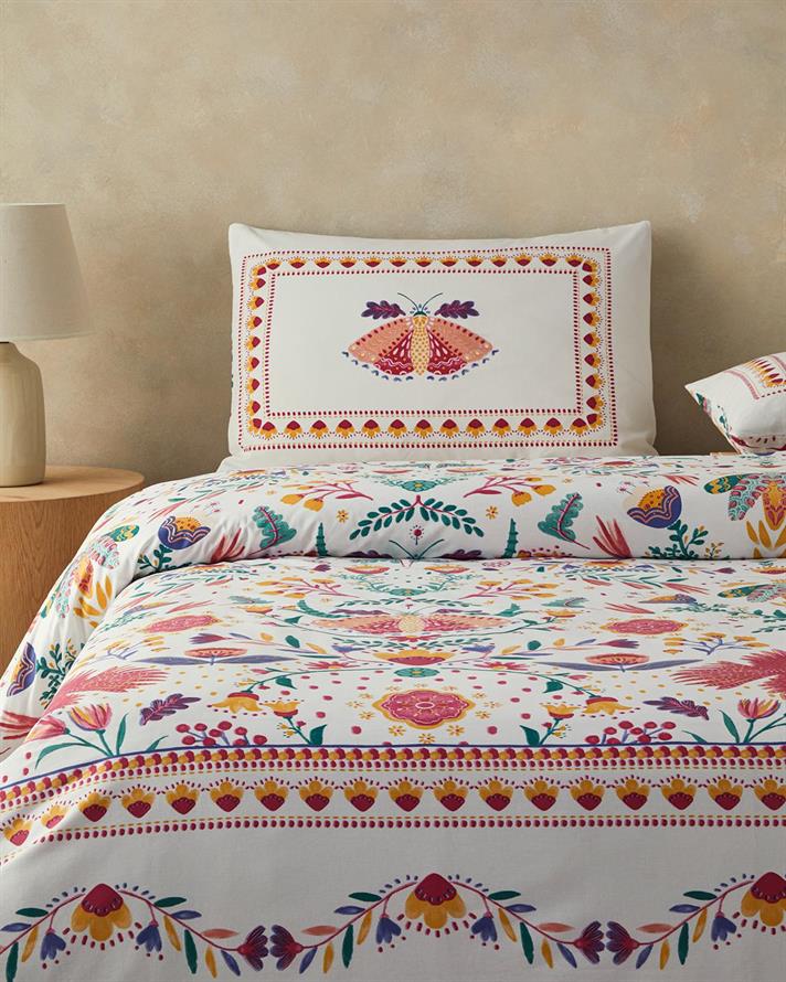 Set husa de pilota cu 2 fete de perna, King Size, Folk Dream, bumbac, 240x220 cm/50x70 cm, roz