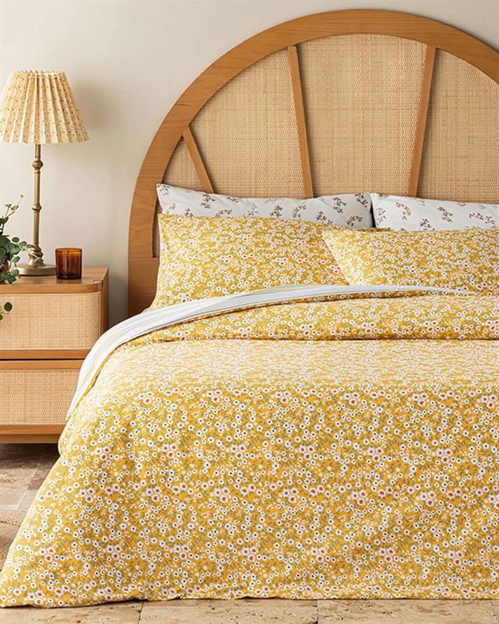 Set husa de pilota cu 2 fete de perna, King Size, Florescence, bumbac, 240x220 cm/50x70 cm, galben