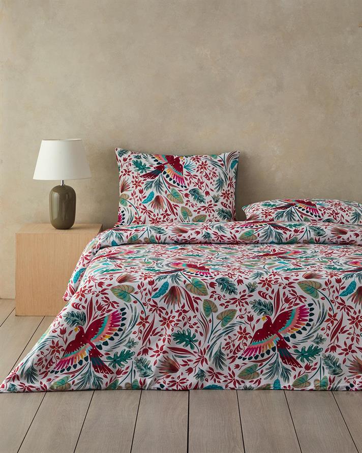 Set husa de pilota cu 2 fete de perna, pat dublu, Parrot Fantasy, bumbac-viscoza, 200x220 cm/50x70 cm, verde