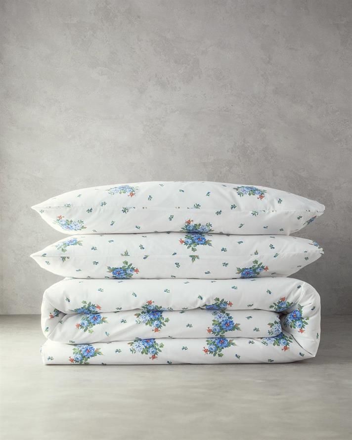 Set husa de pilota cu 2 fete de perna, pat dublu, Fragrant Flowers, bumbac, 200x220 cm/50x70 cm, bleu