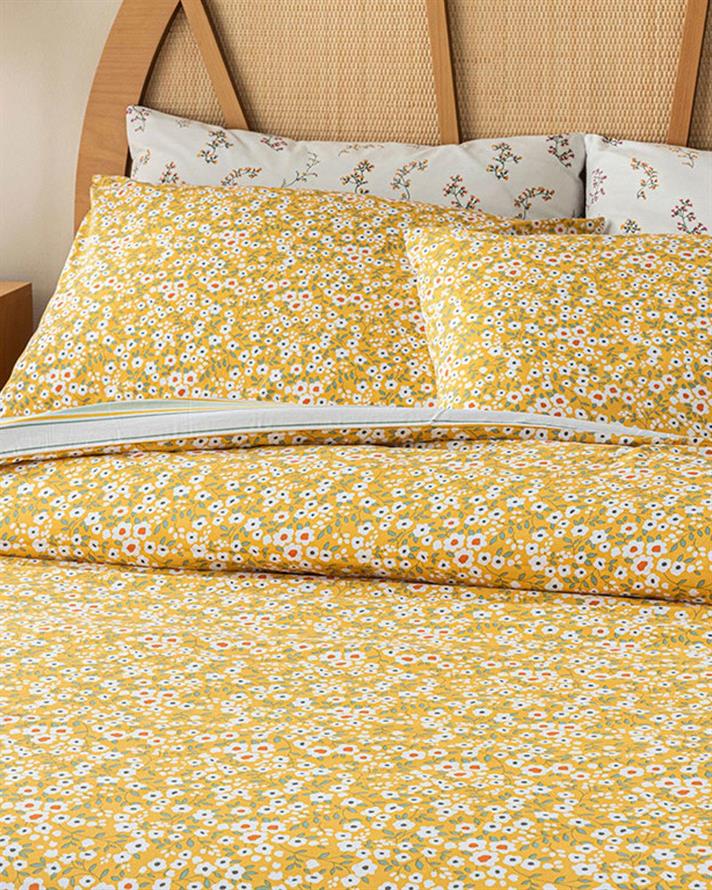 Set husa de pilota cu 2 fete de perna, King Size, Florescence, bumbac, 240x220 cm/50x70 cm, galben